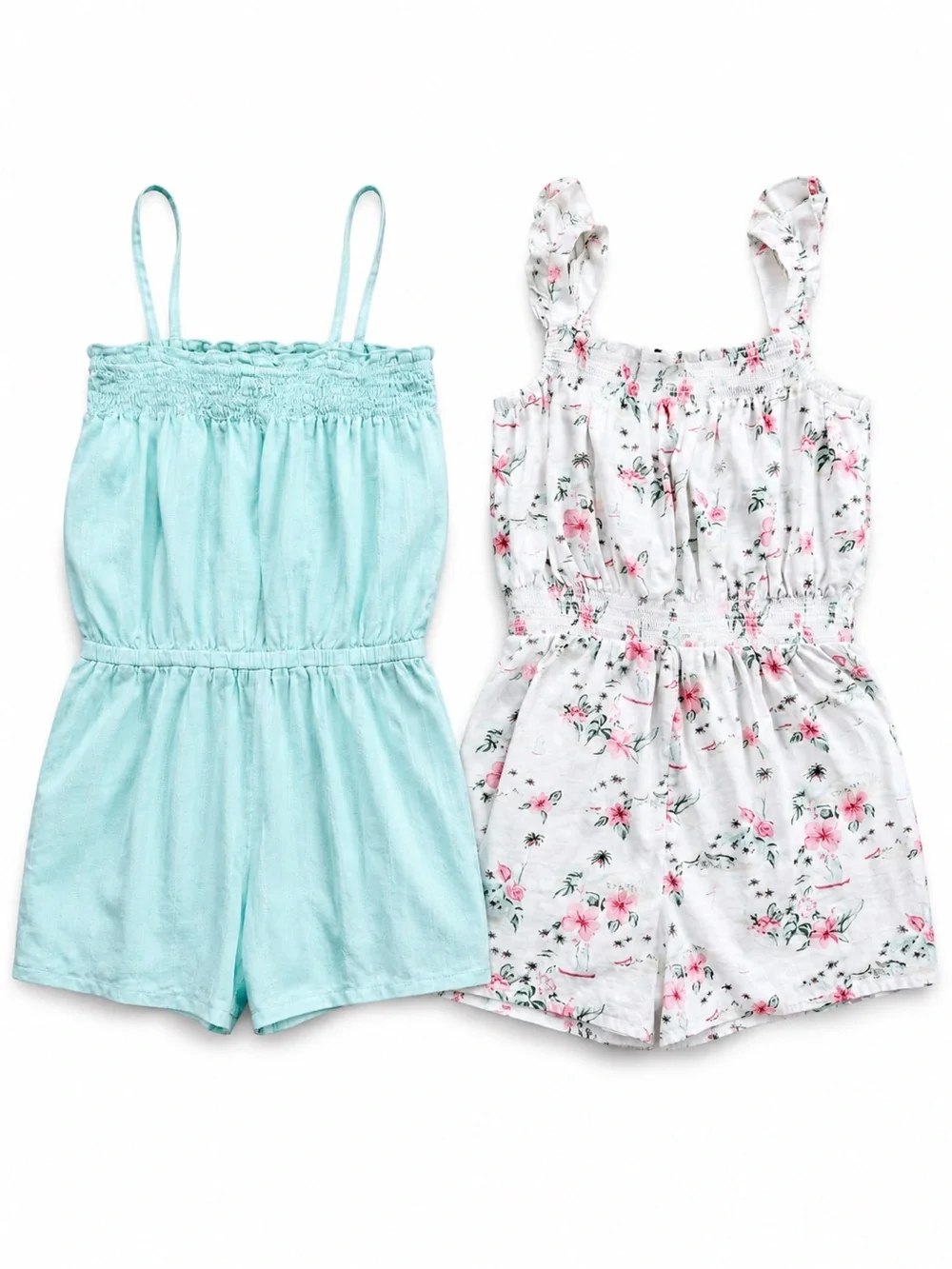 Janie and Jack Girls Romper Bundle Size 8 Aqua & Floral Summer 2 Piece Lot